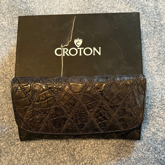 Croton Handbags - Croton Dark Embossed Leather Clutch